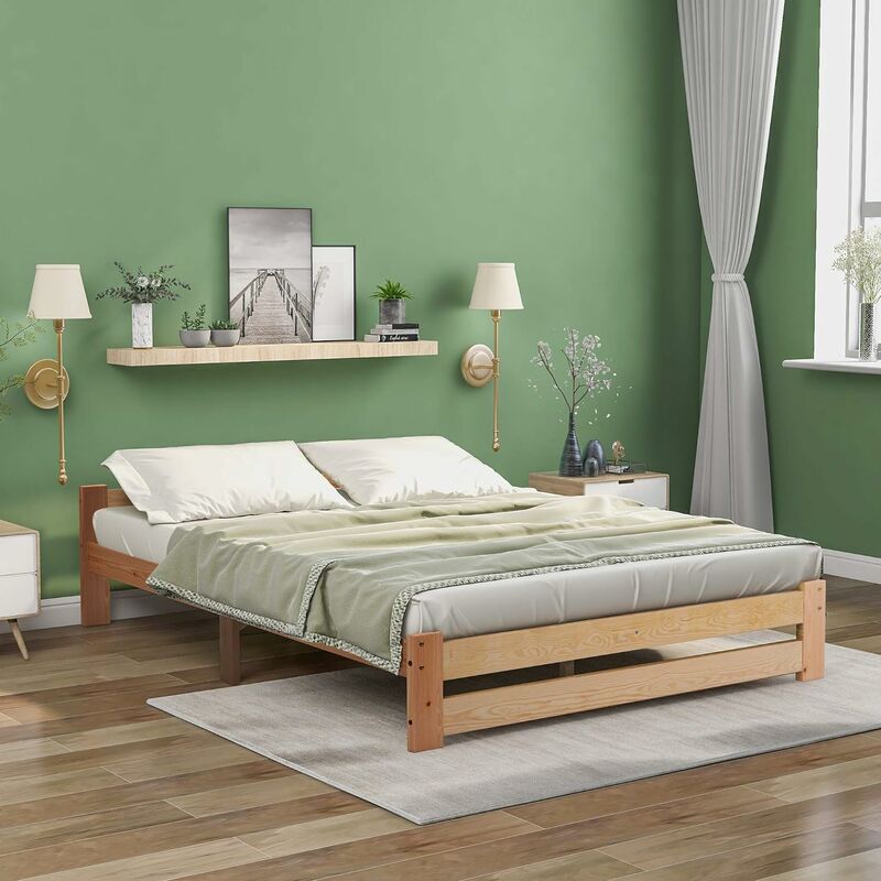 Need - Cadre de Lit Solide en Bois Massif Lit avec Tête de Lit et Sommier à Lattes Lit pour Adulte Lit Simple, Naturel 200x140cm