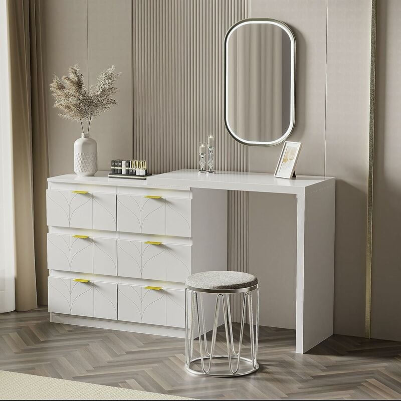 Need - Coiffeuse Blanche avec 6 Tiroirs, Table de Maquillage Meuble avec Table d'appoint avec Plateau Pivotant de 180°, au Motif Floral, 80cm x 40cm