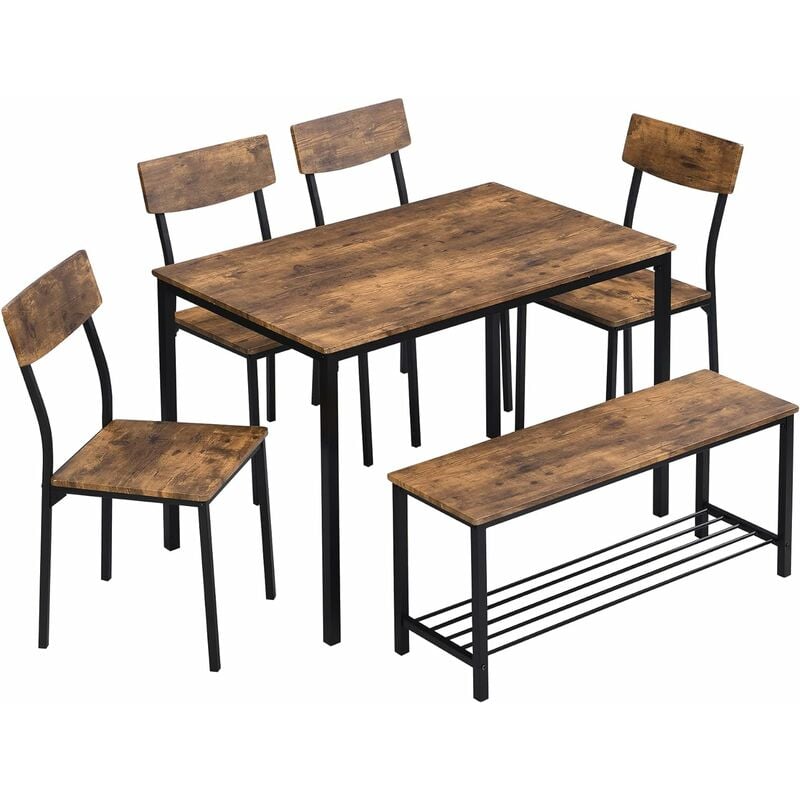Ensemble de Table à Manger 6 Personnes, 110 cm avec 4 Chaises, Banc pour 2 Personnes avec Étagère de Rangement, Ensemble de Meubles pour Salle à
