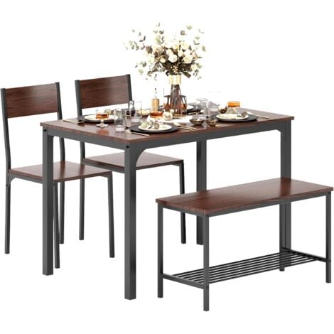 NEED Ensemble de Table de Salle à Manger pour 4 Personnes, Table de Cuisine de 110cm, 2 Chaises, Banc pour 2 Personnes avec Étagère de Rangement, Ensemble de Meubles gigognes pour Salle à Manger,Noyer