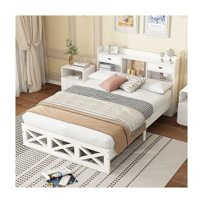 Need - Lit Double avec Sommier à Lattes et Tête de Lit, Cadre de Lit avec 2 Tiroirs pour Adultes et Adolescents Blanc, 140cm x 200cm