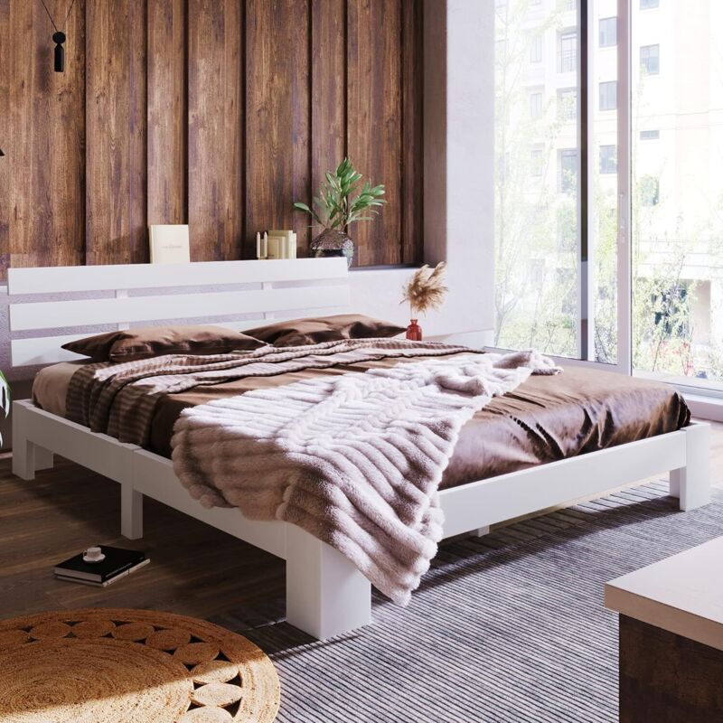 Lit en Bois Lit Double avec Tête de Lit Cadre de Lit avec Sommier à Lattes 200 x 140 cm Bois Massif Lit en Pin - Need