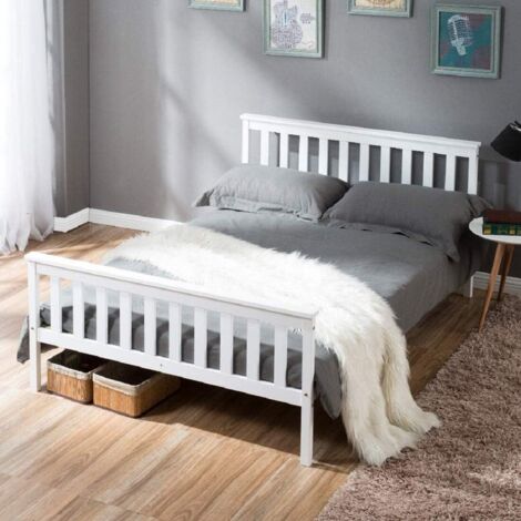 NEED Lit en Bois Lit Double avec Tête de Lit Cadre de Lit avec Sommier à Lattes 200 x 140 cm Bois Massif Lit en Pin Blanc