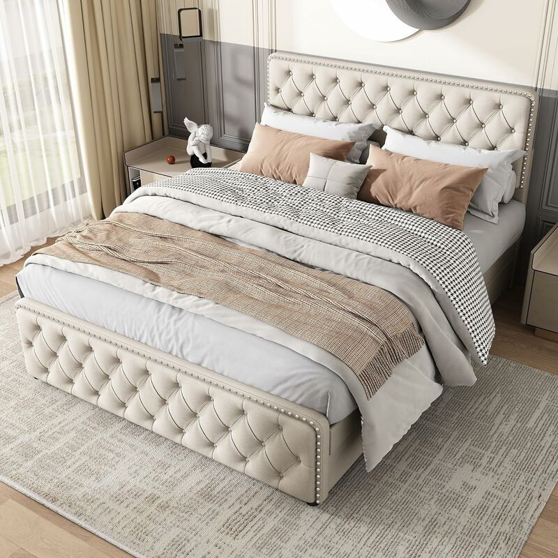 Need - Lit Rembourré en Lin, 140 x 200 cm Lit Double avec 4 Tiroirs, Tête de Lit Rembourrée et Sommier à Lattes, Moyennement Ferme (sans Matelas)