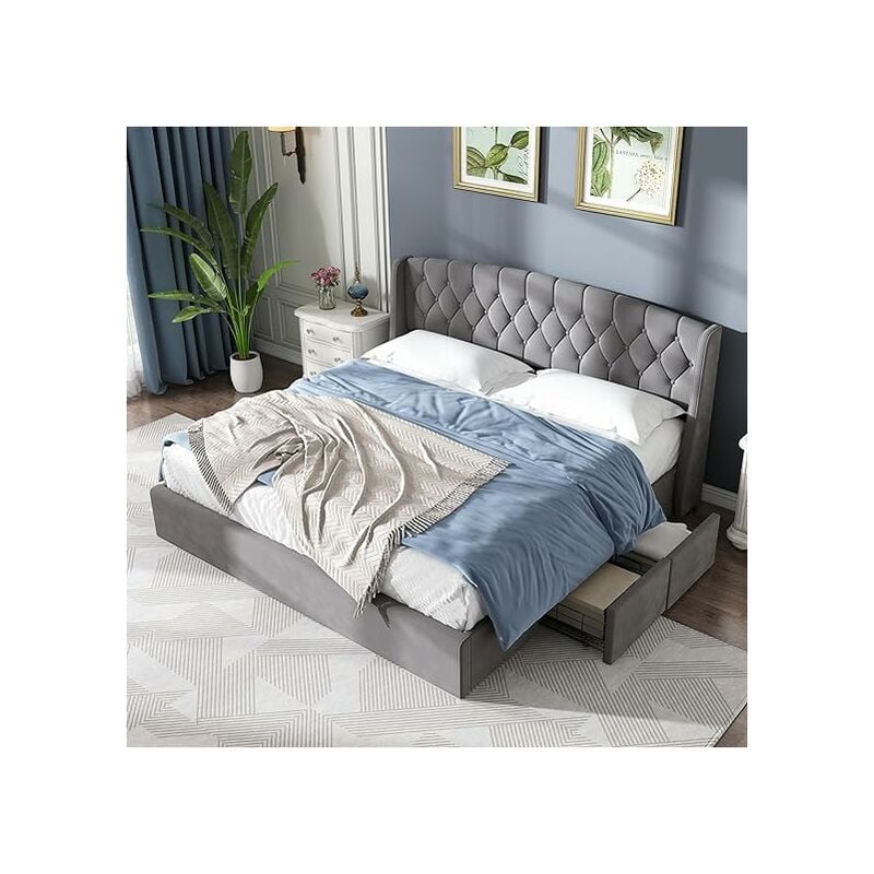 Need - Lit Rembourré en Velours Gris, 140 x 200 cm Lit Double avec 4 Tiroirs, Tête de Lit Rembourrée et Sommier à Lattes, Moyennement Ferme (sans