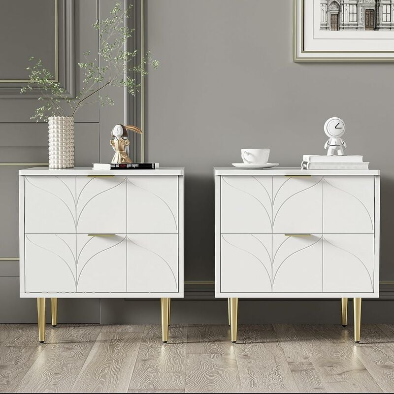 Lot de 2 Tables de Nuit Moderne avec Tiroirs, Table de Chevet Blanc avec Pieds et Boutons Dorés, Table d'Appoint au Bout de Canapé au Motif Floral