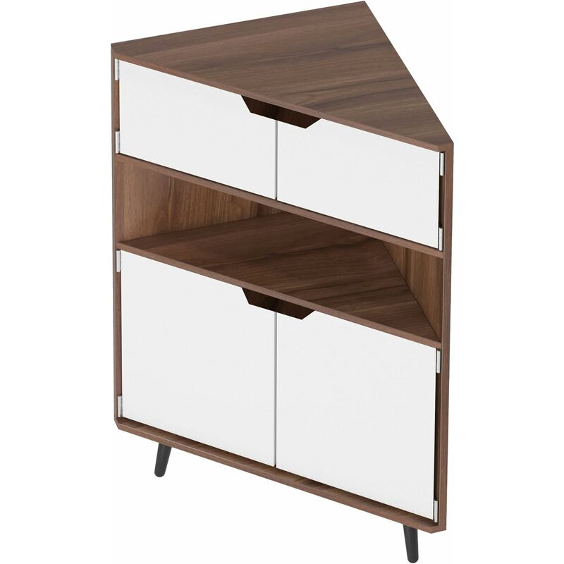 Need - Meuble de rangement d'angle à 4 niveaux, meuble de rangement autoportant avec portes et étagères, adapté pour cuisine, salon, entrée, teck