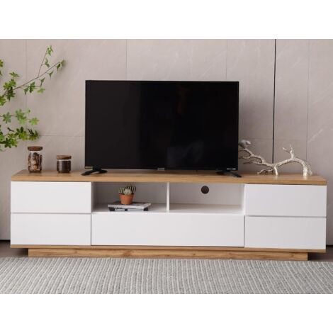 Need – Meuble TV blanc 180 cm – Support TV avec 8 compartiments de rangement – Panneaux anti-rayures – Gestion des câbles pour salon et chambre