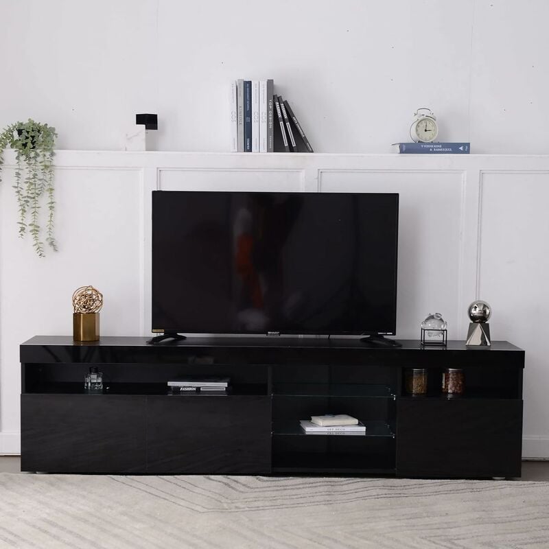 Need - Meuble tv pour Centre de Divertissement, Support tv avec Lumières led, 180cm Banc tv Noir avec Étagère de Rangement, Armoire pour Salon,