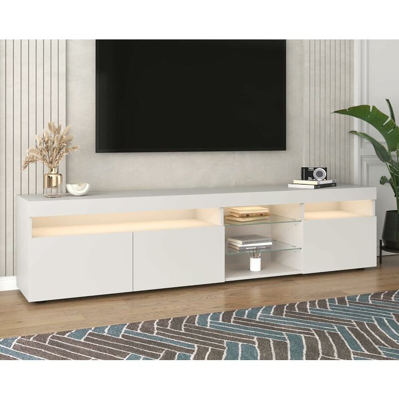 Need - Meuble tv pour Centre de Divertissement, Support tv avec Lumières led, 180cm Banc tv Blanc avec Étagère de Rangement, Armoire pour Salon,