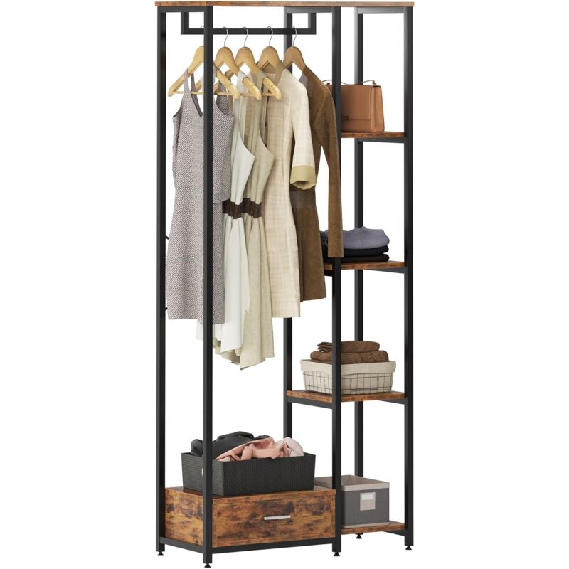 Portant Meuble Rangement pour Vêtements avec Étagères et Tiroir Penderie Ouverte en Acier et mdf, Porte-vêtements avec Étagères à Chaussures & Sacs
