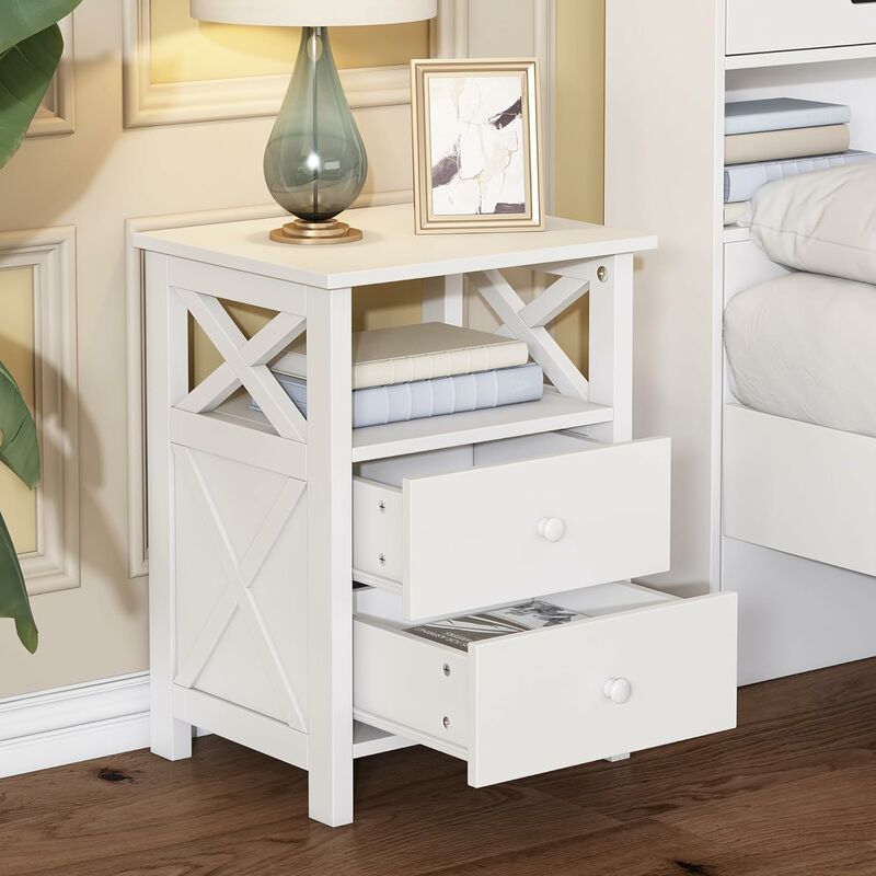 Need - Table d'appoint avec Tiroirs et Étagère de Rangement au Bout de Canapé, Table de Chevet à Tiroir Table de Nuit pour Salon et Chambre à