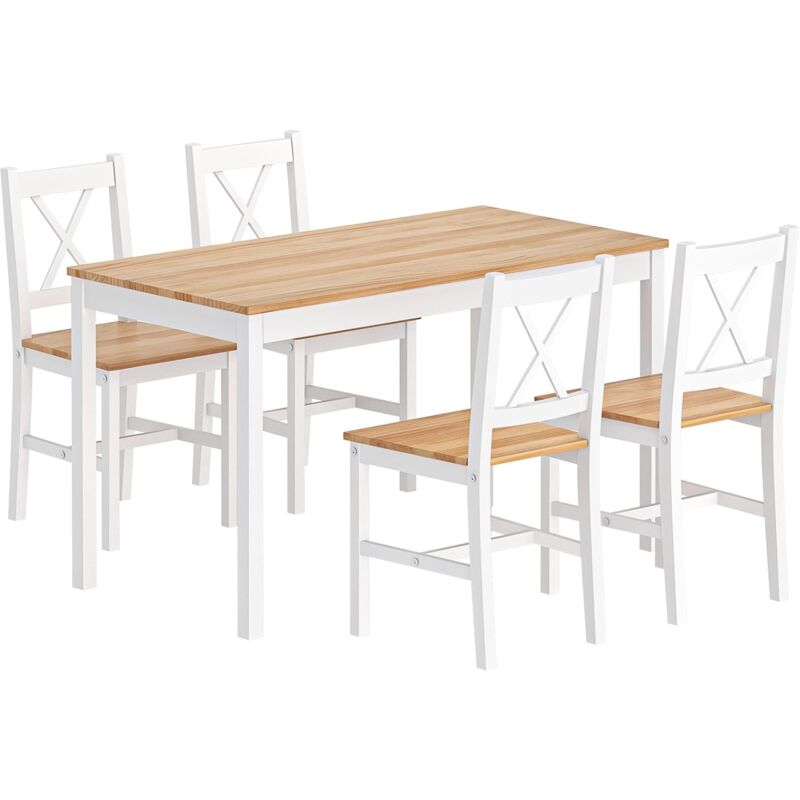 Soges Ensemble de salle à manger 5 pièces avec table à manger 108 x 65 x 73 cm et 4 chaises, rectangulaire, pour salon, salle à manger, blanc et teck