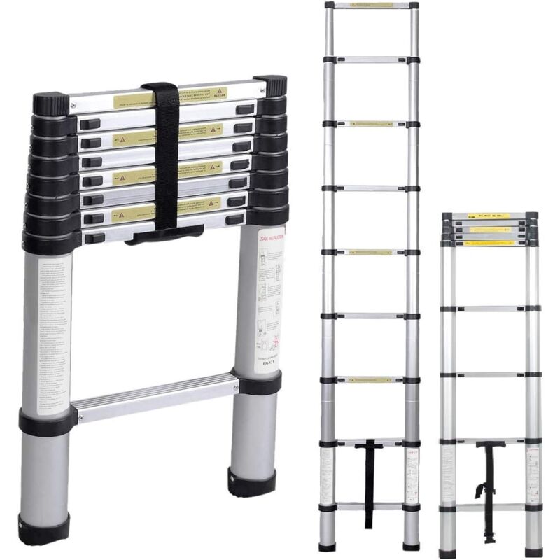 Chelle télescopique 2.6 m, échelle pliante - 8 échelons rétractables multifonctions, aluminium - Need