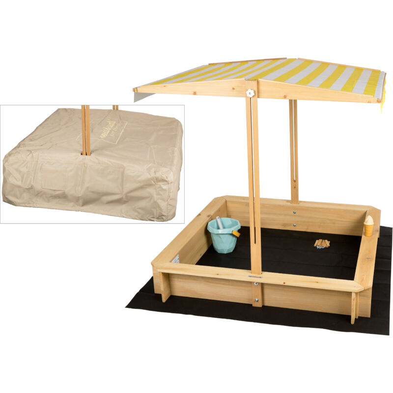 Bac à sable en bois avec couvercle plastique oxford 600D pour enfants, avec toit refermable, siège, sol, carré, UV-protection, rectangulaire