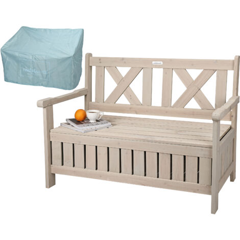 needs&wants® Gartenbank Holz wetterfest mit Stauraum und Abdeckung, 2-Sitzer Truhenbank Holzbank klassisch, Parkbank Sitzbank massiv Garten Outdoor mit Truhe, Naturholz Massivholz, grau-beige