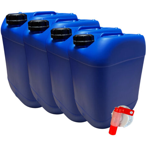 Negomix – Lot de 4 bidons jerrican plastique 20 litres bleu – Homologation FDA et ONU – Empilables pour stockage efficace – 1 robinet verseur inclus