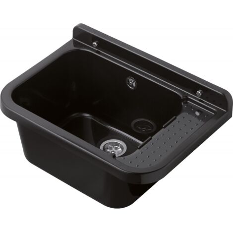 Negrari Lavandino-Pilozzo a Muro in resina, Resistente all'umidità, Kit di fissaggio e Kit di scarico inclusi, Interno e Esterno, 50L x 34P x 21H, Nero Glitterato