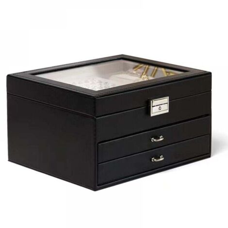 (Negro) Caja de almacenamiento de joyas de cuero de 3 capas, estuche organizador para anillos y aretes