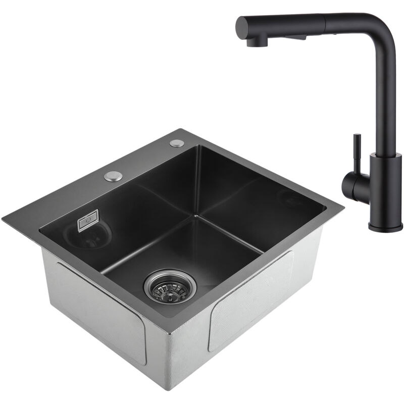 

Cecipa - Fregadero de cocina 2 senos 78 × 43CM Fregadero de acero inoxidable negro con 2 orificios de montaje Fregadero de doble seno con sifón
