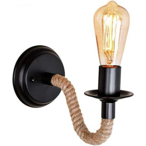Negro - Metal, cuerda de cáñamo - Casquillo E27 (bombilla no incluida) - Estilo retro - 26 x 16 x 13 cm - Ideal para balcón o dormitorio