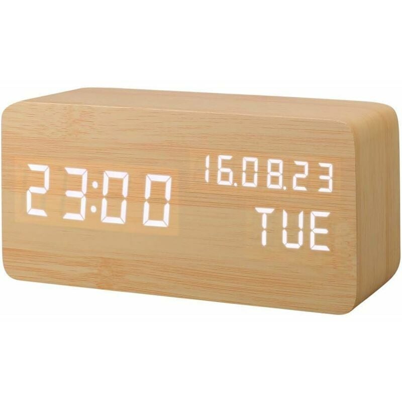 Gabrielle - Réveil led en bois artificiel, horloge numérique activée par le son, avec température/humidité/calendrier luminosité batterie/prise usb