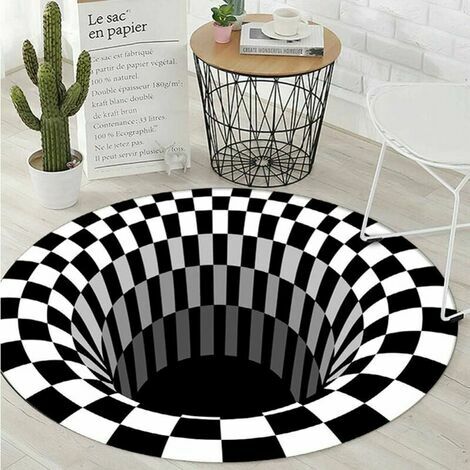 Neige-Tapis rond 3D Illusion d'optique Tapis de sol antidérapant, paillasson non tissé noir blanc pour chambre à coucher, salon, décoration de la maison, coussins de tapis A (40 cm)