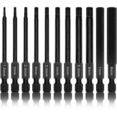 NEIKO 01148A - Set di punte esagonali a brugola, 11 pezzi, misure metriche da 1,5 mm a 8 mm, punte magnetiche a testa esagonale, 3 steli a sgancio rapido, acciaio S2 di alta qualità, compatibili con
