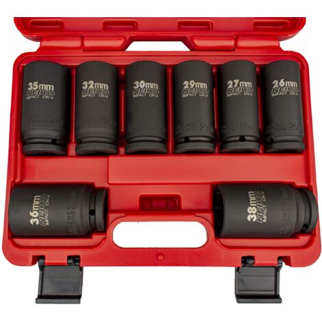Neiko 02460A - Set di chiavi a bussola a impatto profondo, 8 pezzi, assortite, misure metriche (da 26 a 38 mm), in acciaio al cromo vanadio