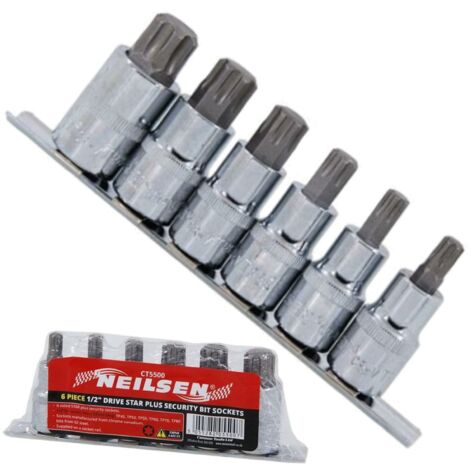 Neilsen 9pc 6 Sided Star Plus Security Bit Sockets 1/2" Drive Hex Set TP45-TP80