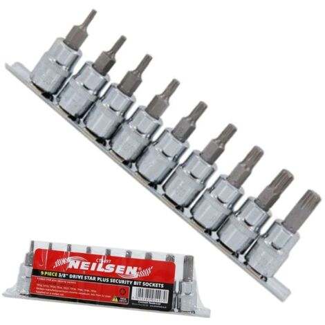 Neilsen 9pc 6 Sided Star Plus Security Bit Sockets 3/8" Drive Hex Set TP10-TP50