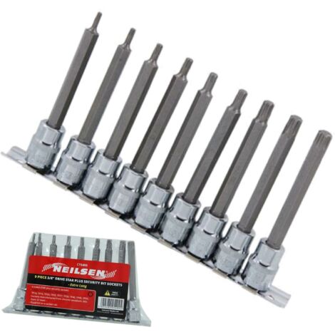 Neilsen 9pc Extra Long 6 Sided Star Plus Security Bit Sockets 3/8" Drive Hex Set