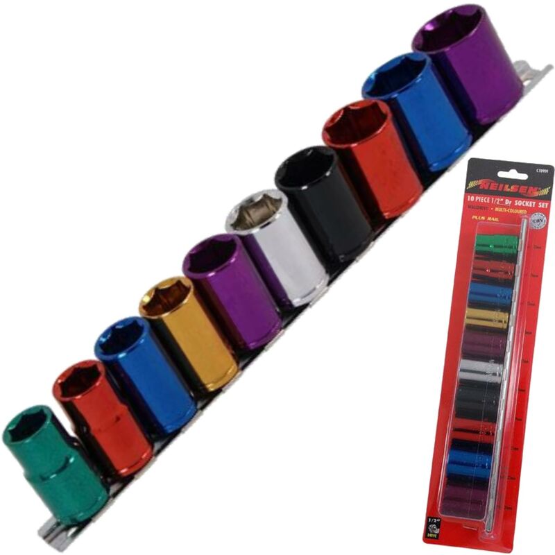 CT0909 10 Piece Multi Coloured Socket Set, 1/2' Drive + Wall Rail - Neilsen