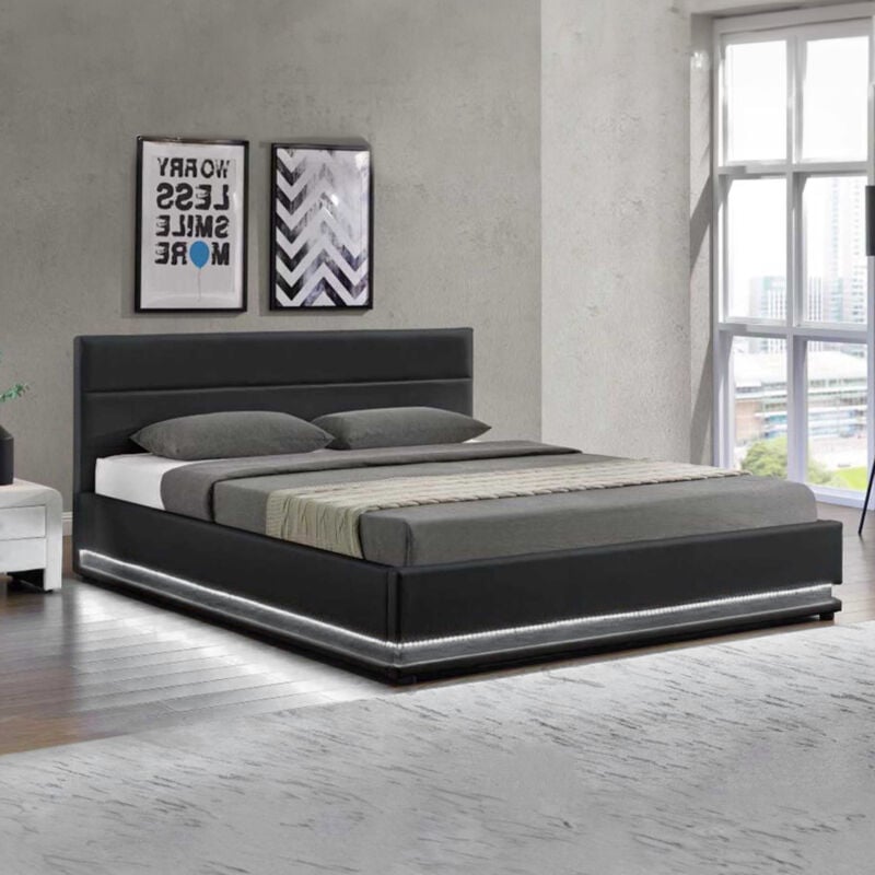 mobilier deco - nelcia - lit coffre en simili cuir noir à led 160x200 cm
