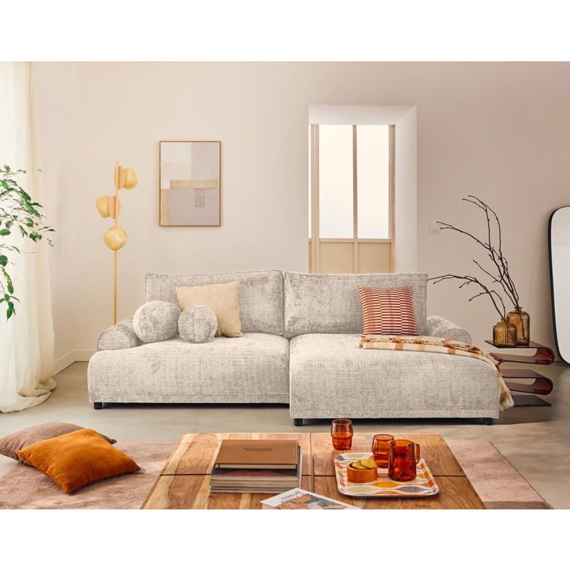 Lisa Design - Nelly - canapé d'angle droit 4 places convertible avec coffre en velours texturé - beige