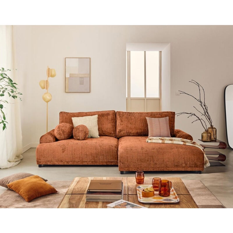 Lisa Design - Nelly - canapé d'angle droit 4 places convertible avec coffre en velours texturé - rouille