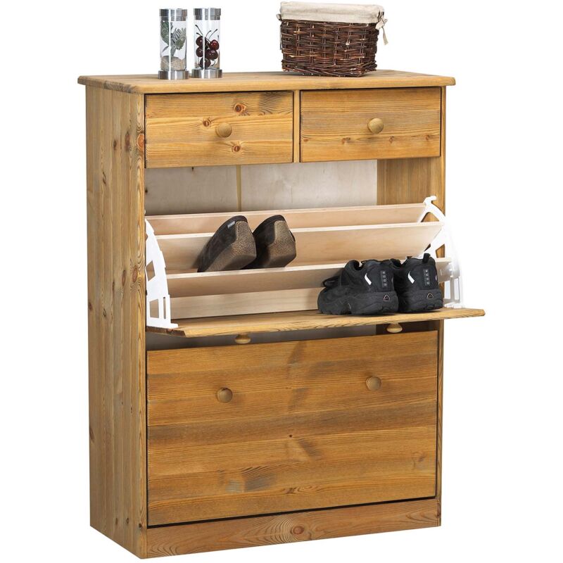 Ebuy24 - Nelly meuble à chaussures 2 claquement de portes 2 tiroirs pin teinté.