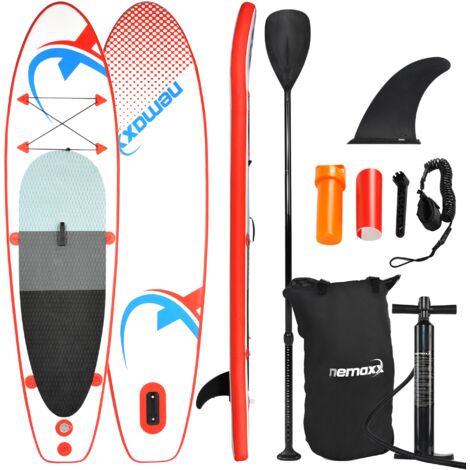Nemaxx Stand Up Paddle gonflable 305x76x10 cm, rouge/bleu - SUP, planche de surf gonflable et facile à transporter - sac de voyage, pagaie, aileron, pompe à air, kit de réparation, laisse
