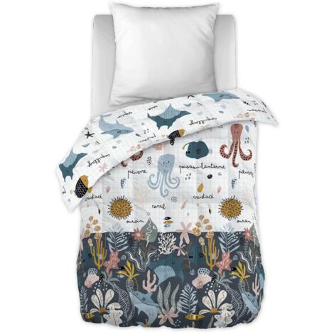 NEMO - Couette Imprimée Motifs Océan 140x200 cm + 1 Taie d'oreiller 60x60 cm