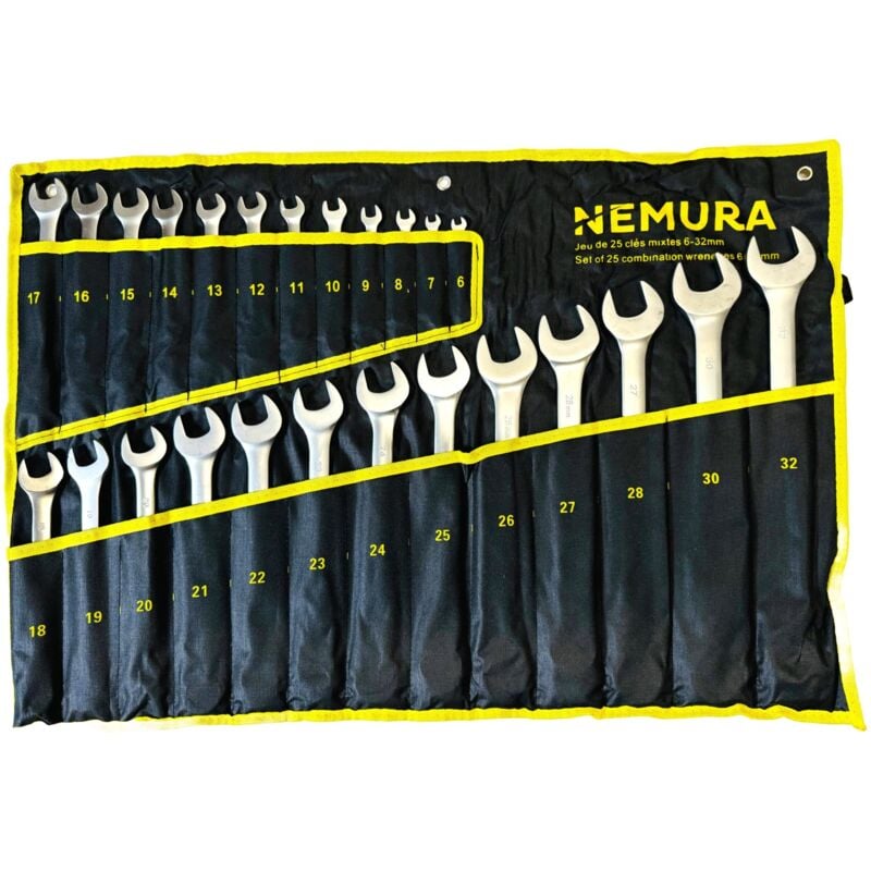 Coffret 25 Clés mixtes : 6 à 32 mm - Produits en Chrome Vanadium - Qualité Professionnelle - Marque Française - Nemura