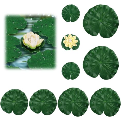 Nénuphars Artificiels pour Bassin Extérieur, 8 Feuilles de Lotus + 1 Fleur en Mousse EVA, Plantes Flottantes Décoratives Mini Aquarium Fontaine Jardin Étang, Réutilisables Étanches Réalist -