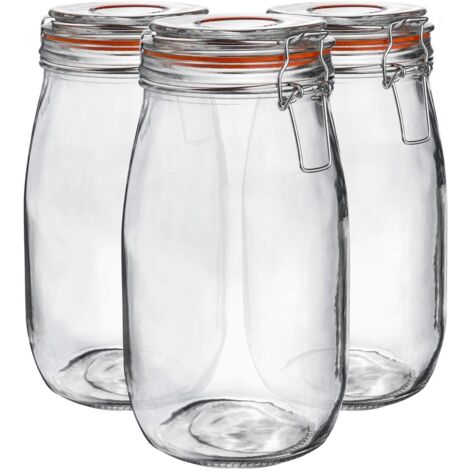 Neo 1.5L Pack of 3 Canisters Tableware Scandi Glass Storage Jars with Airtight Silicone Seal Metal Clip Top Lids Modern Kitchen Pantry Food