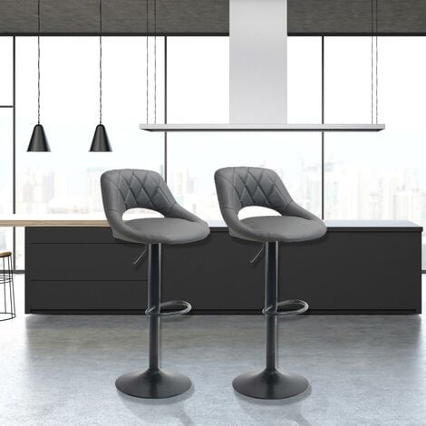 NEO DIRECT Neo 2X Dark Grey Milan Matt Black Leg Gas Lift Height Adjustable Swivel Faux Leather Kitchen Padded Seats Barstools