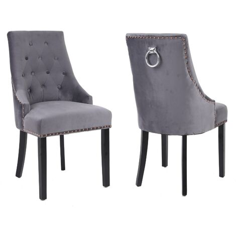 Neo 2x Dark Grey Studded Velvet Dining Chair with Ring Knocker Detail