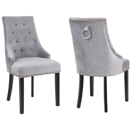 Neo 2x Grey Studded Velvet Dining Chair with Ring Knocker Detail