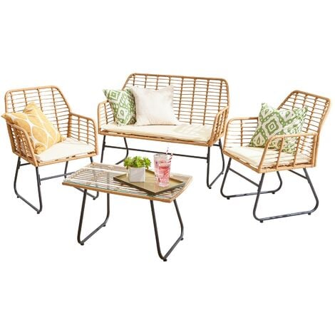 NEO DIRECT Neo Beige Garden Furniture Patio Wicker Bamboo Style Cane Chair Table Outdoor Indoor Balcony Conservatory Rattan Cushion Sofa Set 4 Piece