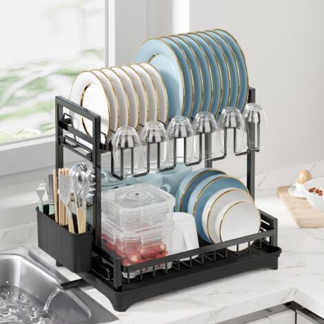 Neo Black 2 Tier Large Dish Drying Rack with Drip Tray Detachable Drainage Spout Cutting-Board Cup Holder Organise Shelf Utensil Holder Set