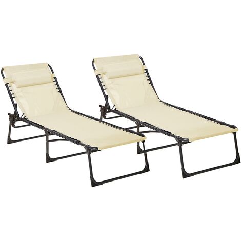 Neo Cream Pair of Outdoor Portable Lightweight Sun Lounger Sunbed Folding Camping Reclining Lounge Chair Garden Beach Patio