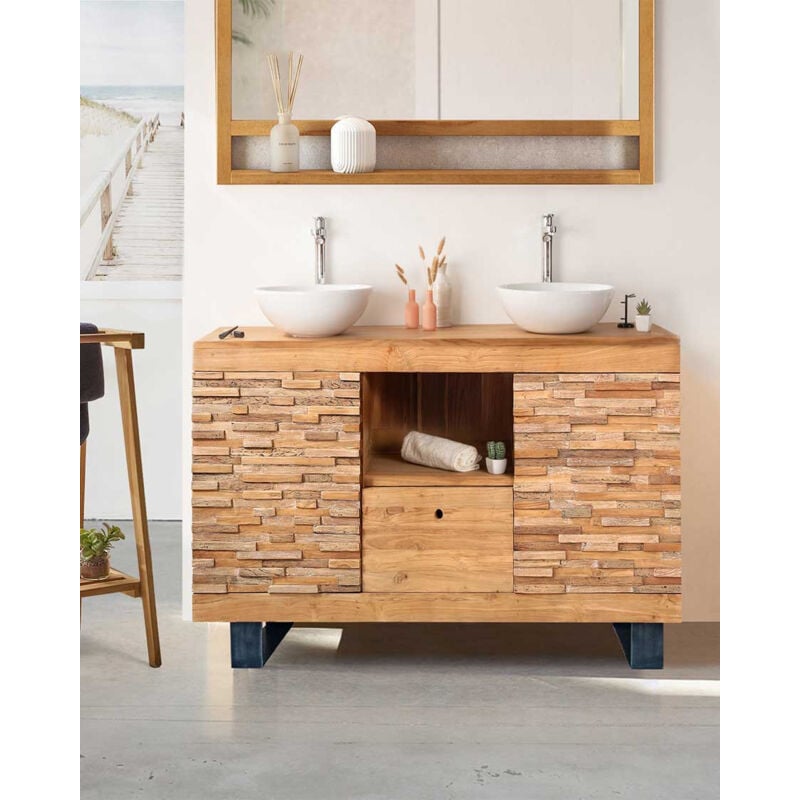 Néo - Meuble salle de bain en teck parqueté 140 cm