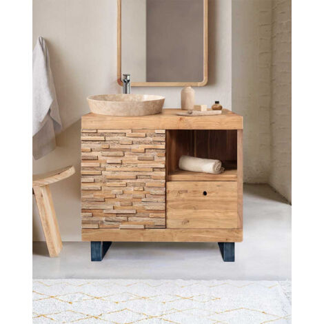 Néo - Petit meuble salle de bain en teck parqueté 80 cm